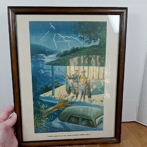 Vintage Professionally Framed Magazine Cartoon Print Golfers In A Storm/Flood